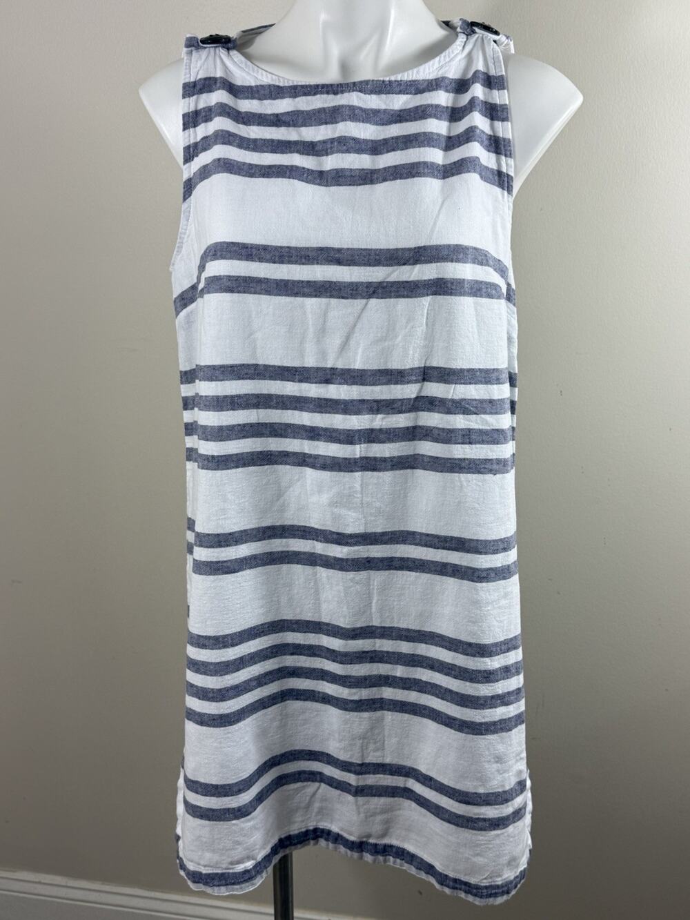 BeachLunchLounge Linen Blend Dress Womens Size L White Blue Striped Coastal